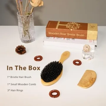 BLACK EGG Boar Bristle Hair Brush for Women Men Kid, Soft Natural Bristles Brush for Thin and Fine Hair, Restore Shine and Texture, Set includes Bamboo comb and 3 hair ties