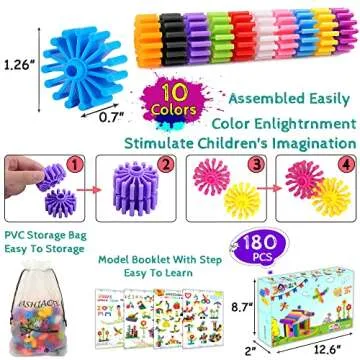 KASHIAOTE Gears Interlocking Learning Set, STEM Construction Toy Set - Building Kids Toys 180 Pcs - 10 Colors