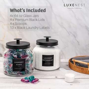 Glass Laundry Room Organization and Storage Set Containers with Labels Laundry Organizer Jars Holder...