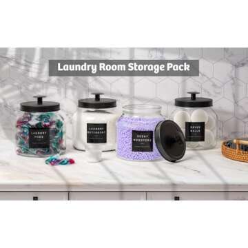Glass Laundry Room Organization and Storage Set Containers with Labels Laundry Organizer Jars Holder for Laundry Pods, Scent Booster, Detergent, Dryer Balls, Powder 4 Pack