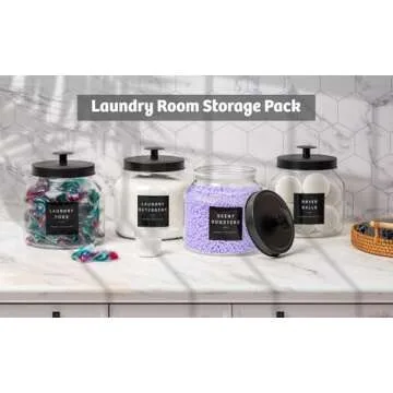 Glass Laundry Room Organization and Storage Set Containers with Labels Laundry Organizer Jars Holder for Laundry Pods, Scent Booster, Detergent, Dryer Balls, Powder 4 Pack