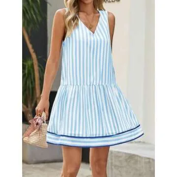 Wenrine Womens Casual Summer Dresses Sleeveless Tank Striped V Neck Loose Mini Dress Blue