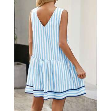 Wenrine Womens Casual Summer Dresses Sleeveless Tank Striped V Neck Loose Mini Dress Blue