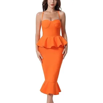 baicpo Elegant Midi Bodycon Sleeveless Spaghetti Strap Fishtail Bandage Dresses for Women Cocktail P...