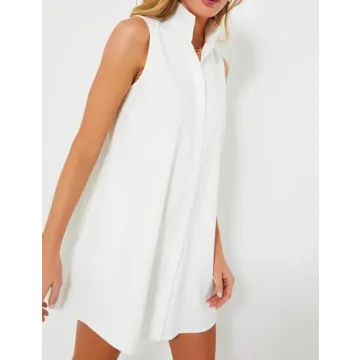 PEHMEA Women's Summer Shirt Dresses Casual Button Down Sleeveless Mini Dress Beach Short Sundresses(White-S)