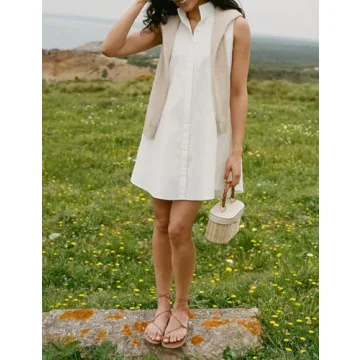 PEHMEA Women's Summer Shirt Dresses Casual Button Down Sleeveless Mini Dress Beach Short Sundresses(White-S)