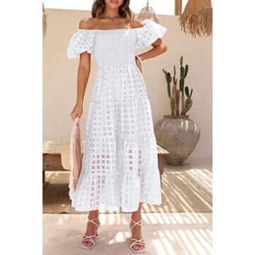 PRETTYGARDEN Women's Casual Summer Dress Puffy Short Sleeve Square Neck Smocked Tiered A Line Maxi Long Dresses (Plaid Beige White,X-Large)