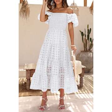 PRETTYGARDEN Women's Casual Summer Dress Puffy Short Sleeve Square Neck Smocked Tiered A Line Maxi Long Dresses (Plaid Beige White,X-Large)