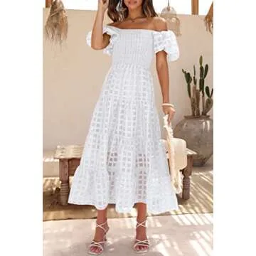 PRETTYGARDEN Women's Casual Summer Dress Puffy Short Sleeve Square Neck Smocked Tiered A Line Maxi Long Dresses (Plaid Beige White,X-Large)
