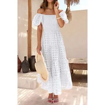 PRETTYGARDEN Women's Casual Summer Dress Puffy Short Sleeve Square Neck Smocked Tiered A Line Maxi Long Dresses (Plaid Beige White,X-Large)