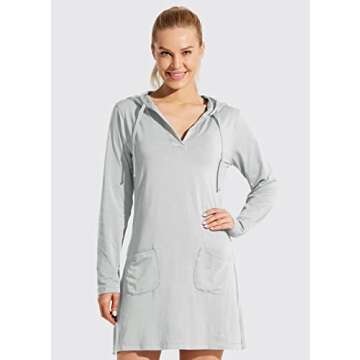 Willit Women's Long Sleeve Cotton Swim Cover Up UPF 50+ SPF Dress Hooded with Pockets Sun Protection Beach Coverup Light Gray M