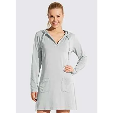 Willit Women's Long Sleeve Cotton Swim Cover Up UPF 50+ SPF Dress Hooded with Pockets Sun Protection Beach Coverup Light Gray M