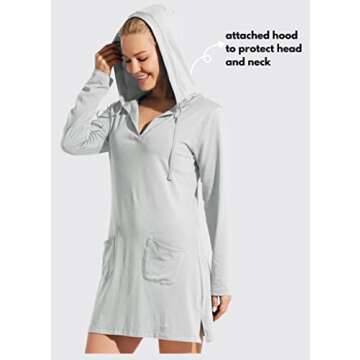 Willit Women's Long Sleeve Cotton Swim Cover Up UPF 50+ SPF Dress Hooded with Pockets Sun Protection Beach Coverup Light Gray M