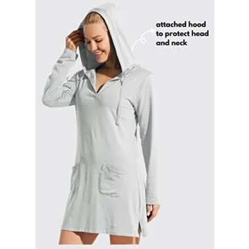 Willit Women's Long Sleeve Cotton Swim Cover Up UPF 50+ SPF Dress Hooded with Pockets Sun Protection Beach Coverup Light Gray M