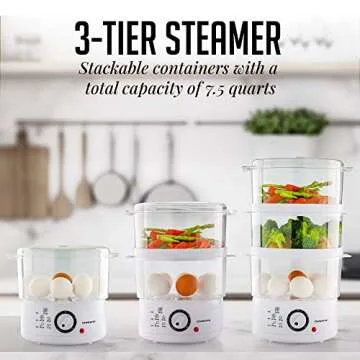 OVENTE 3 Tier Electric Food Steamer for Cooking Vegetable and Healthy Meals, Stackable and Dishwashe...