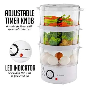 OVENTE 3 Tier Electric Food Steamer for Cooking Vegetable and Healthy Meals, Stackable and Dishwasher Safe Baskets, 400W with Auto Shutoff and 60-Minute Timer, 7.5 Quart Capacity, White FS53W