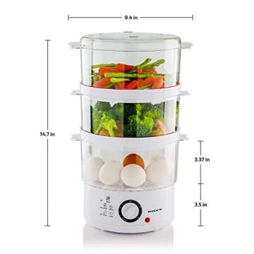 OVENTE 3 Tier Electric Food Steamer for Cooking Vegetable and Healthy Meals, Stackable and Dishwasher Safe Baskets, 400W with Auto Shutoff and 60-Minute Timer, 7.5 Quart Capacity, White FS53W