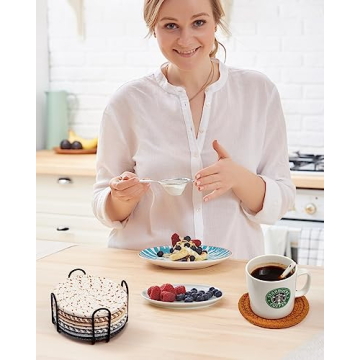 Effectyou 8 Pcs Drink Coasters with Holder, 8 Colors Absorbent Coasters for Drinks Minimalist Cup Coasters Cotton Coaster Set Woven Coasters for Coffee Table Home Decor Bar Housewarming Gift, 4.3 Inch