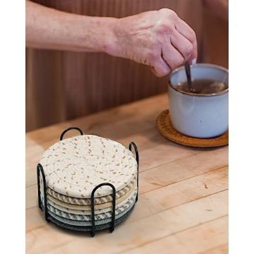 Effectyou 8 Pcs Drink Coasters with Holder, 8 Colors Absorbent Coasters for Drinks Minimalist Cup Coasters Cotton Coaster Set Woven Coasters for Coffee Table Home Decor Bar Housewarming Gift, 4.3 Inch