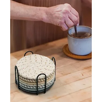 Effectyou 8 Pcs Drink Coasters with Holder, 8 Colors Absorbent Coasters for Drinks Minimalist Cup Coasters Cotton Coaster Set Woven Coasters for Coffee Table Home Decor Bar Housewarming Gift, 4.3 Inch