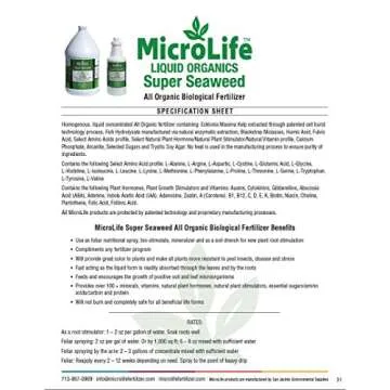 MicroLife Super Seaweed Professional Grade Organic Liquid Concentrate Root Stimulator & Foliar Nutritional Spray for All Plants, 1 Quart