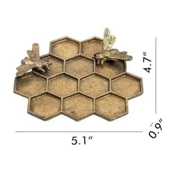 SOFFEE DESIGN Vintage Jewelry Tray Honeycomb Shape with Lovely Bees, Rustic Gold Jewelry Organizer Ring Decorative Dish for Displaying Earring, Necklace, Bracelet, Trinket