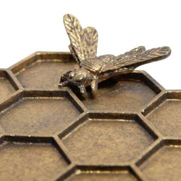 SOFFEE DESIGN Vintage Jewelry Tray Honeycomb Shape with Lovely Bees, Rustic Gold Jewelry Organizer Ring Decorative Dish for Displaying Earring, Necklace, Bracelet, Trinket