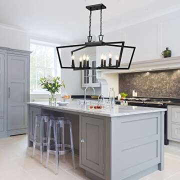 Untrammelife 8-Light Black Chandeliers for Dining Room, Modern Farmhouse Chandelier Light Fixtures, Dimmable Adjustable Height Linear Pendant Lighting for bedrooms, Kitchen Island, Living Room