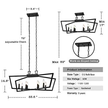 Untrammelife 8-Light Black Chandeliers for Dining Room, Modern Farmhouse Chandelier Light Fixtures, Dimmable Adjustable Height Linear Pendant Lighting for bedrooms, Kitchen Island, Living Room