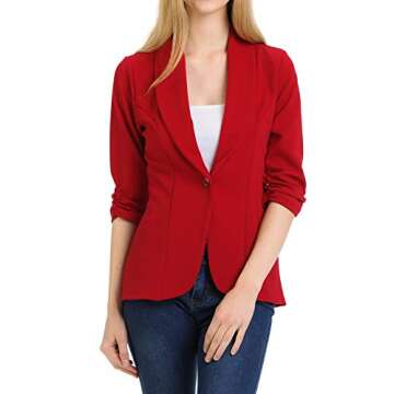 MINEFREE Women's 3/4 Ruched Sleeve Lightweight Work Office Blazer Jacket Ruby S
