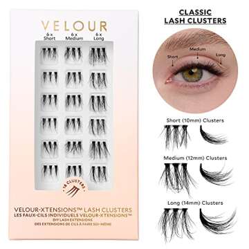 Velour-Xtensions™ Lash Clusters, 18 Individual Cluster Eyelash Extensions, Lightweight & Fluffy Lash Extensions, Soft & Comfortable Eyelash Clusters, Natural Lashes All Eye Shapes (Classic)