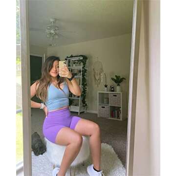 TomTiger Yoga Shorts for Women Tummy Control High Waist Biker Shorts Exercise Workout Butt Lifting Tights Women's Short Pants (Purple, M)