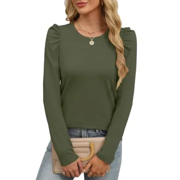 ANRABESS Womens Puff Long Sleeve Shirts - Trendy Casual Blouses in Army Green