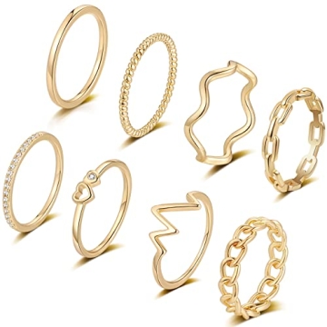 Honsny 8PCS 14K Gold Plated Stacking Rings for Women Gold Silver Stackable Rings Twist Thumb Thin Da...