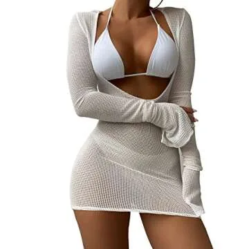 Lilosy Sexy Long Sleeve Mesh Sheer Beach Swim Cover Up Dress Bikini 3 Piece Women Drawstring Swimwear Swimsuit String Bathing Suit Set Fishnet White Small