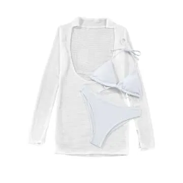Lilosy Sexy Long Sleeve Mesh Sheer Beach Swim Cover Up Dress Bikini 3 Piece Women Drawstring Swimwear Swimsuit String Bathing Suit Set Fishnet White Small