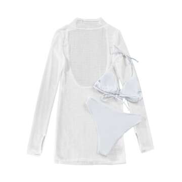Lilosy Sexy Long Sleeve Mesh Sheer Beach Swim Cover Up Dress Bikini 3 Piece Women Drawstring Swimwear Swimsuit String Bathing Suit Set Fishnet White Small