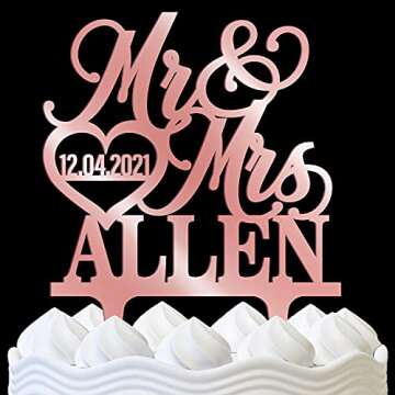 Personalized Wedding Cake Topper - Wedding Cake Decoration, Elegant Customized Mr Mrs Wedding Cake Topper, Last Name & Date w/Heart - Mirrored Acrylic