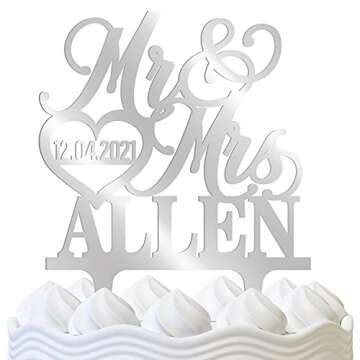 Personalized Wedding Cake Topper - Wedding Cake Decoration, Elegant Customized Mr Mrs Wedding Cake Topper, Last Name & Date w/Heart - Mirrored Acrylic