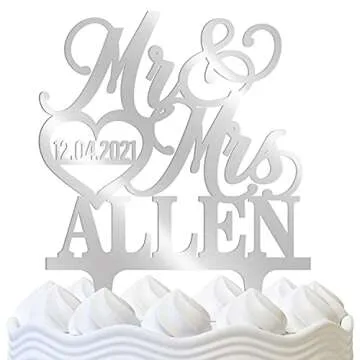 Personalized Wedding Cake Topper - Wedding Cake Decoration, Elegant Customized Mr Mrs Wedding Cake Topper, Last Name & Date w/Heart - Mirrored Acrylic