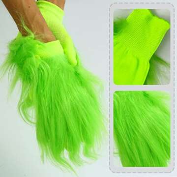 2pcs Green Furry Gloves Ideal for Christmas & Halloween Fun