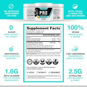 Honey Badger Pre Workout Powder, Keto Vegan Preworkout for Men & Women with Vitamin C for Immune Support, Beta Alanine & Caffeine, Sugar Free Natural Energy Supplement, Tropical Punch, 30 Servings