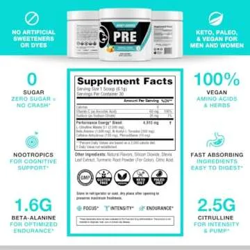 Honey Badger Pre Workout Powder, Keto Vegan Preworkout for Men & Women with Vitamin C for Immune Support, Beta Alanine & Caffeine, Sugar Free Natural Energy Supplement, Tropical Punch, 30 Servings
