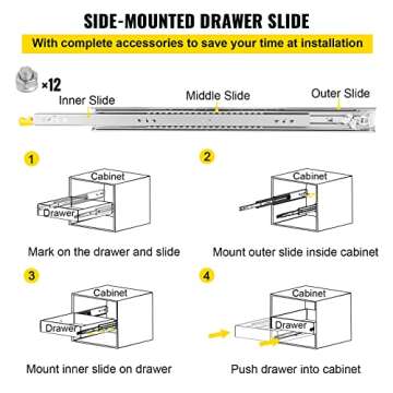 VEVOR Drawer Slides 36inch, 1 Pair Locking Drawer Slides 250lbs Load Capacity, Side Mount Ball Bearing, 3-Fold Full Extension