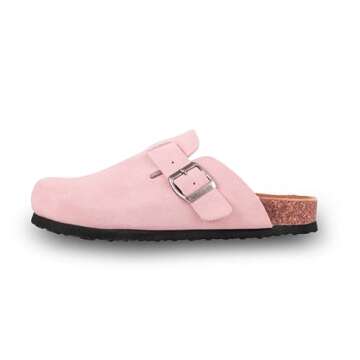 EMMA NEW YORK Women's Suede Clogs Slip-On Buckle Slides Leather Mules Cork Footbed Sandals Potato Shoes with Arch Support Pink