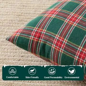 Softalker Christmas Pillow Cover 18x18 Set of 4 - Green Tartan Checkered Throw Pillow Cover, Farmhouse Buffalo Plaid Xmas Decorative Cushion Case for Couch Sofa, Christmas Holiday Decor
