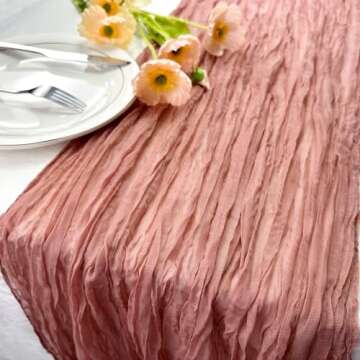 Booque Valley 3 Pack Dusty Blush Cheesecloth Table Runner 10ft Super Soft Boho Wrinkled Gauze Sheer Cloth for Baby Shower Baptism Birthday Party Wedding Centerpiece Table Decoration, 35x120 Inch
