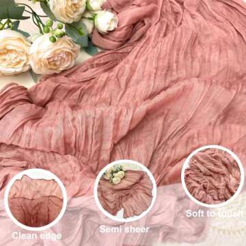 Booque Valley 3 Pack Dusty Blush Cheesecloth Table Runner 10ft Super Soft Boho Wrinkled Gauze Sheer Cloth for Baby Shower Baptism Birthday Party Wedding Centerpiece Table Decoration, 35x120 Inch