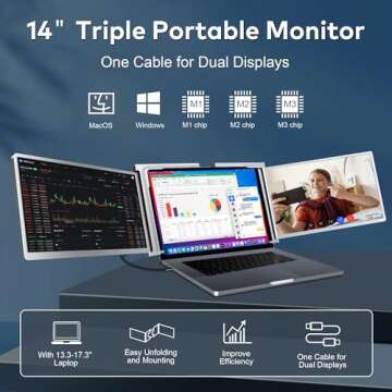 14" Laptop Screen Extender [1 Cable Connect ONLY] [M1/M2/M3] [ USB A/USB C] FHD 1080P Triple Portabl...
