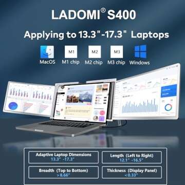 14" Laptop Screen Extender [1 Cable Connect ONLY] [M1/M2/M3] [ USB A/USB C] FHD 1080P Triple Portable Monitor, Dual Screen Monitor Work for Windows, MacOS, for 13.3" -17.3" Laptops - S400 Gray